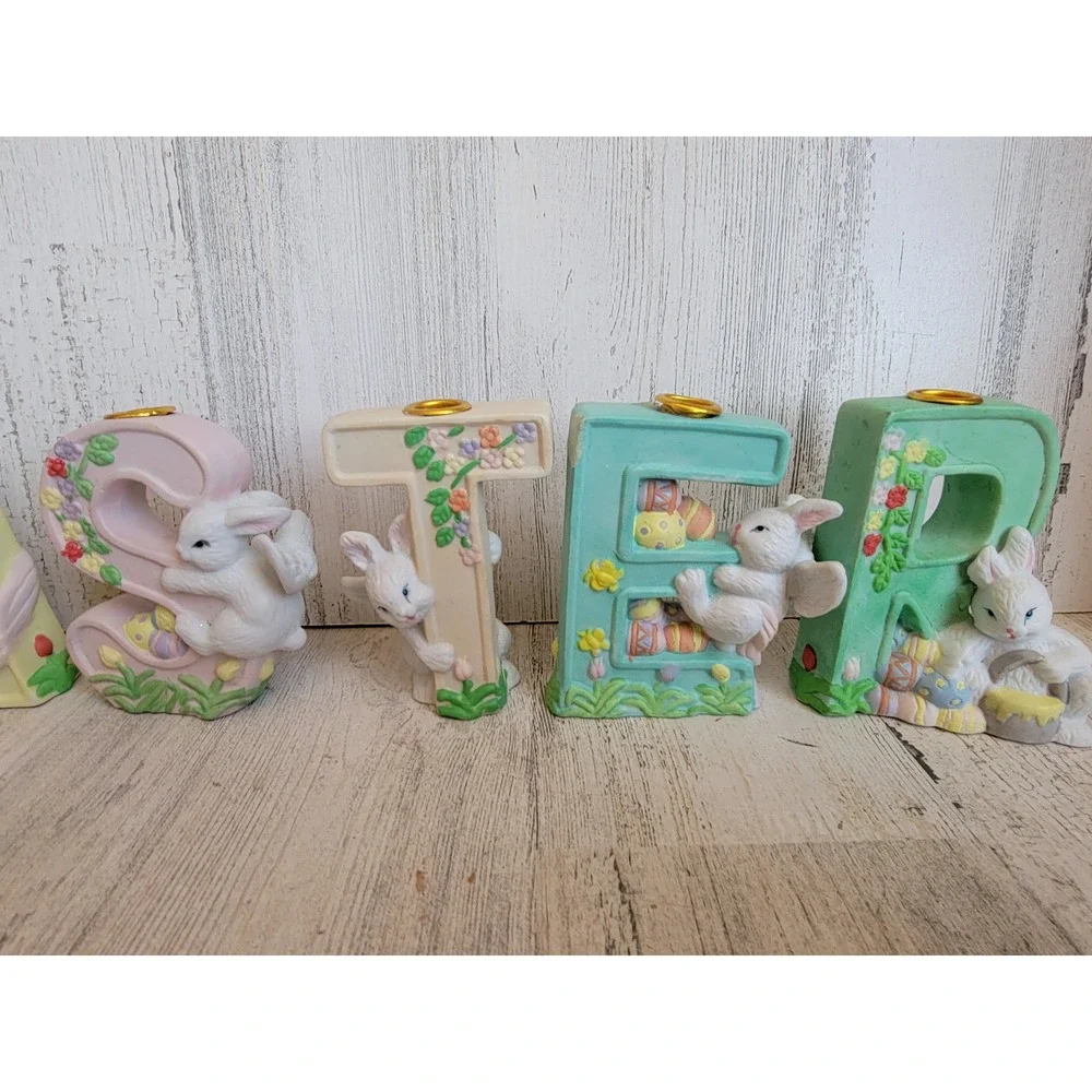 Easter‎ monogram ceramic candlestick holder bunny rabbit set spring home decor